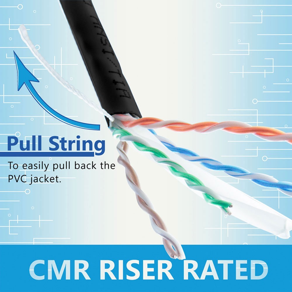 Cat6, Solid Bare Copper, CMR Rated, 1000ft Bulk Network Cable, BLACK Skyline
