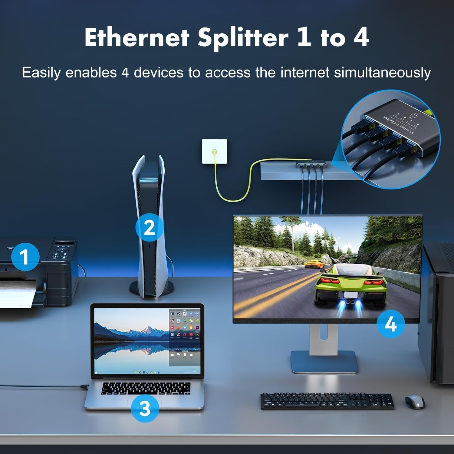 Gigabit Ethernet Splitter 1 to 4 Port USB Powered, Compact Aluminum RJ45 Adapter