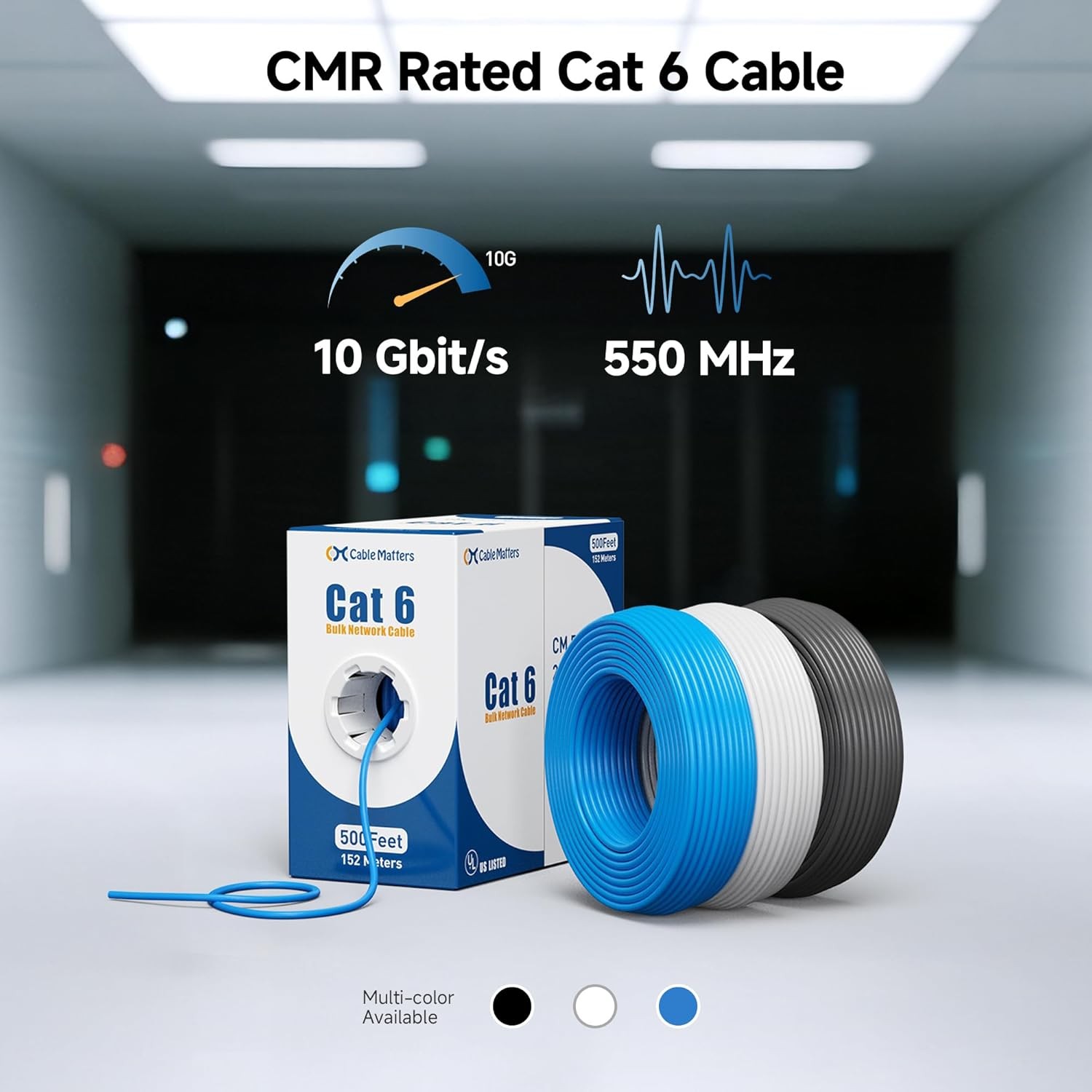 500FT 10Gbps 23AWG CMR Cat6 Cable, Blue, UL Listed In-Wall Riser