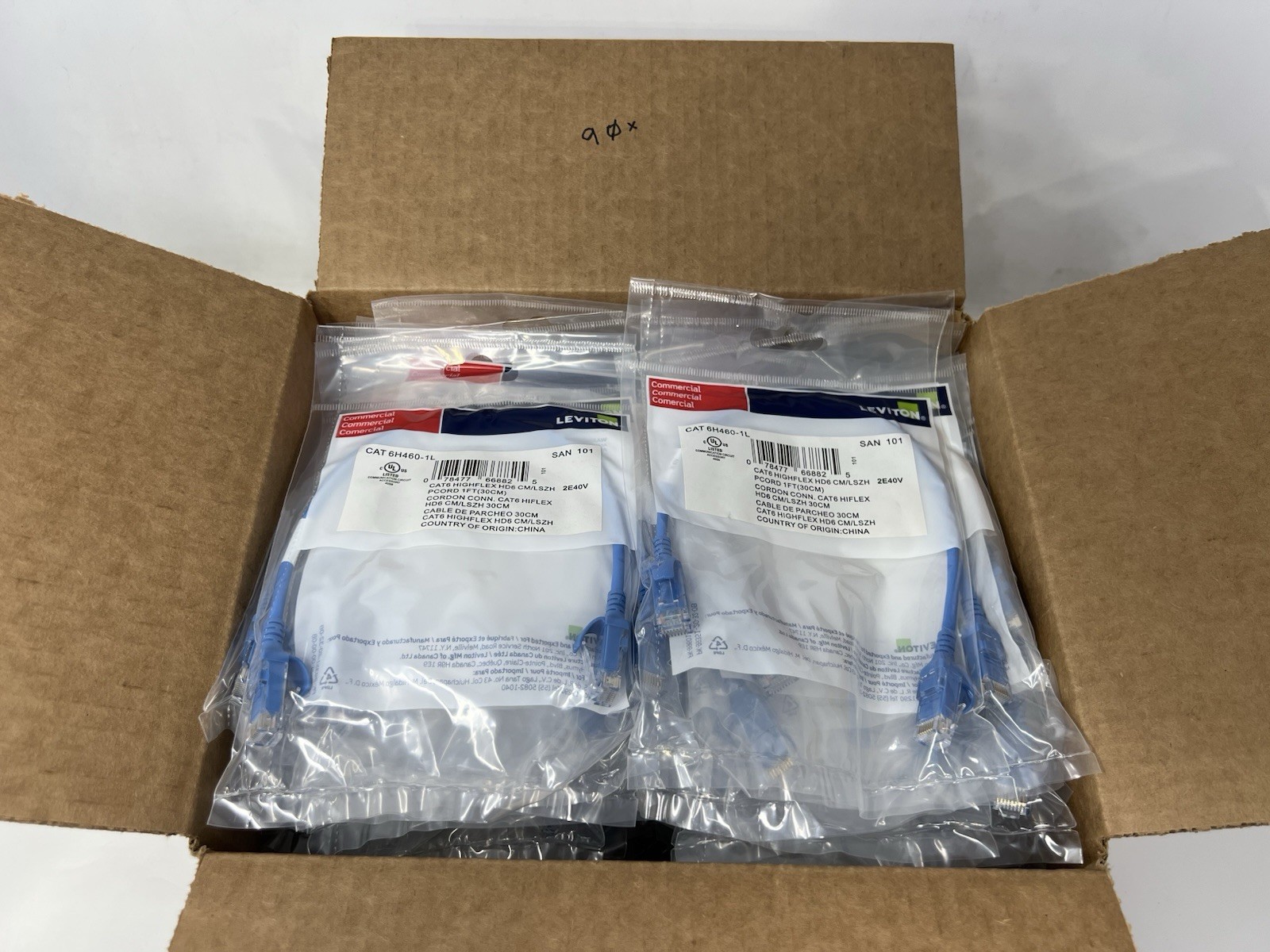 (90x) Leviton CAT 6H460-1L Cat 6 Small Diameter High-Flex Patch Cord, 1ft, Blue
