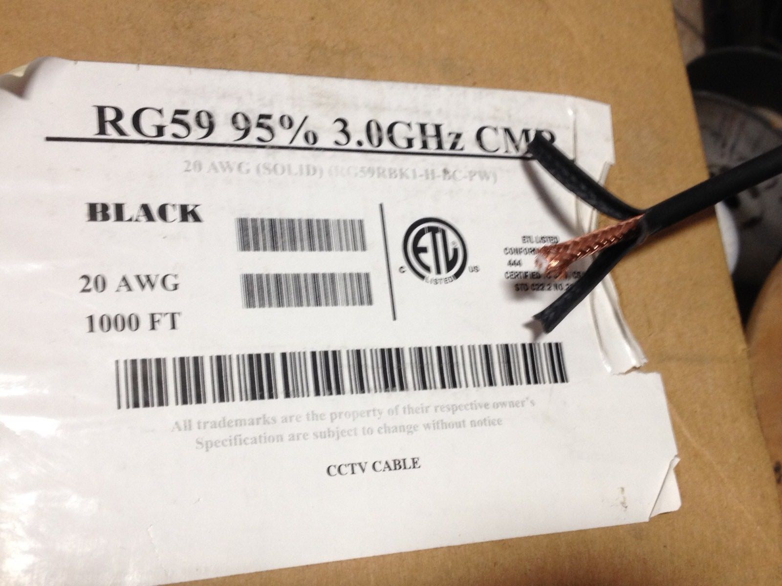 est 900 FT RG59 Black Coaxial Direct Burial Outdoor (20Awg) 95% BC Braid 3.0 Ghz