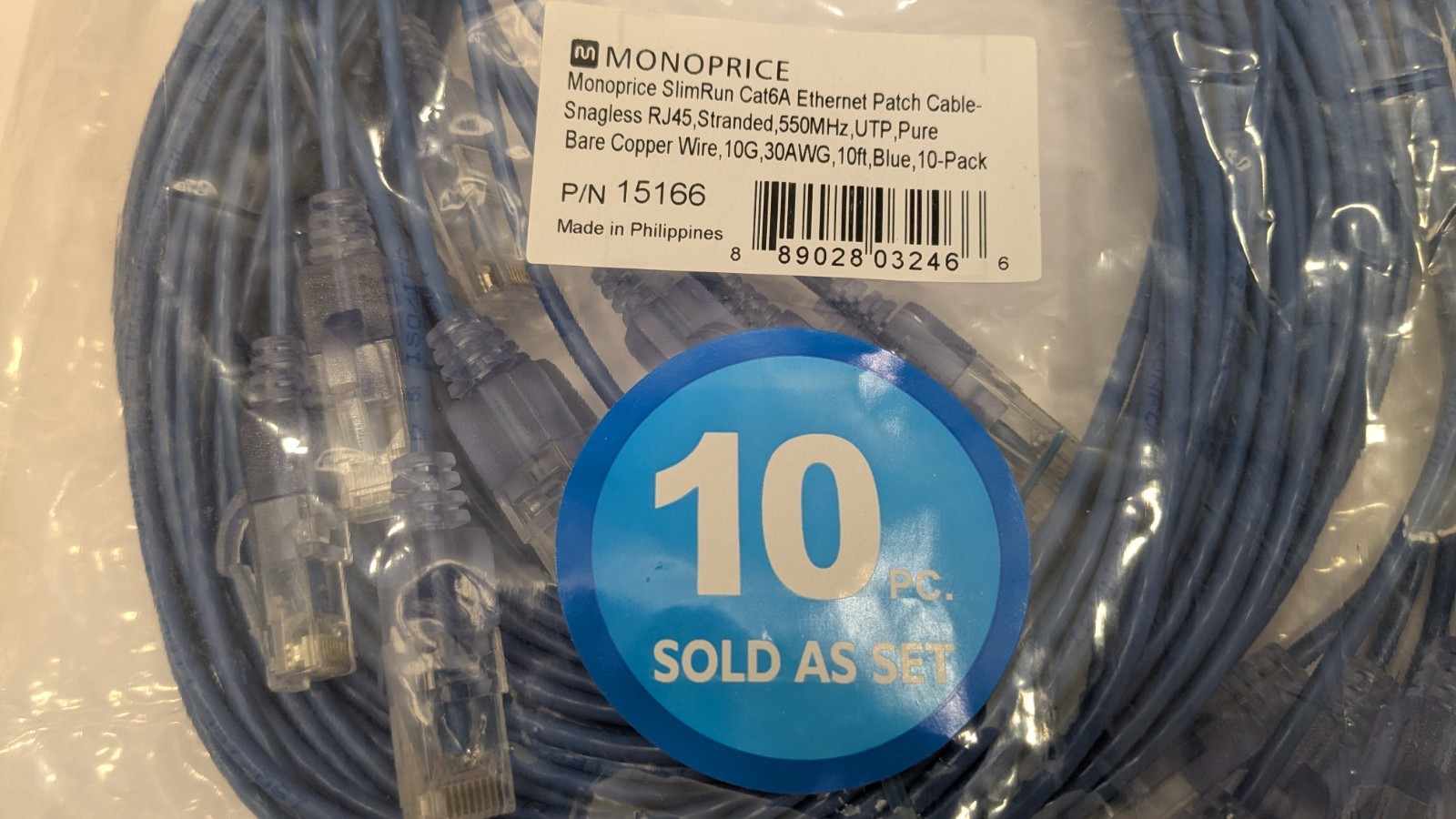 10-Pack Monoprice Cat6A Ethernet Patch Cable, UTP, Pure Copper, 10G, 30AWG, 10ft