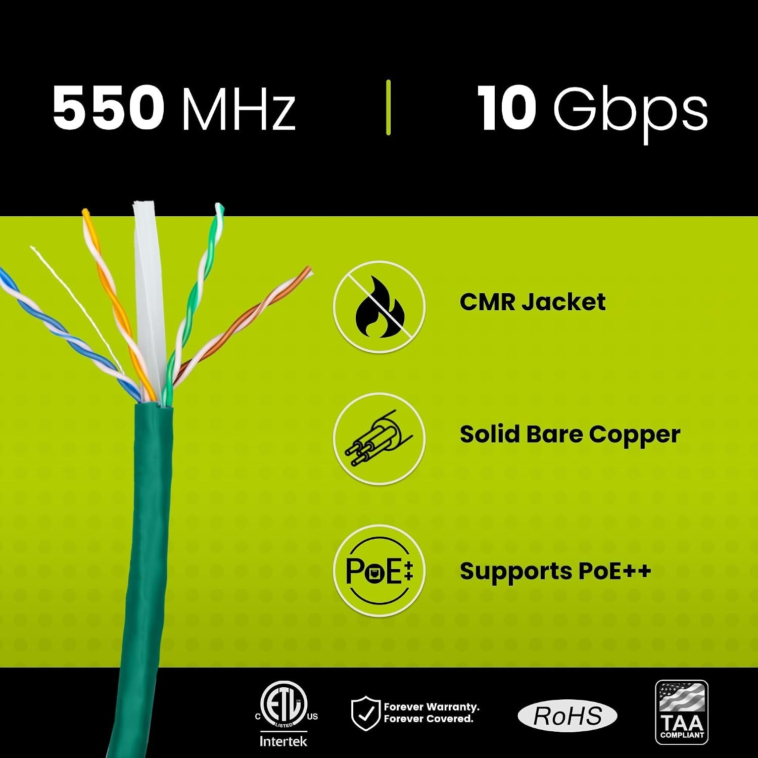 True Cable Cat6 Riser CMR Ethernet Cable 500 Ft Green Bulk Network Wire NEW