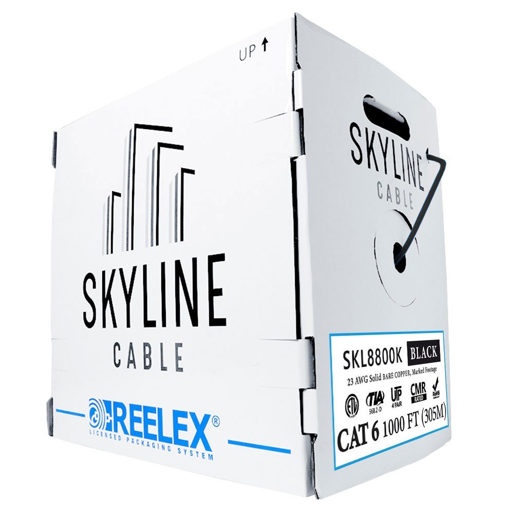 Cat6, Solid Bare Copper, CMR Rated, 1000ft Bulk Network Cable, BLACK Skyline