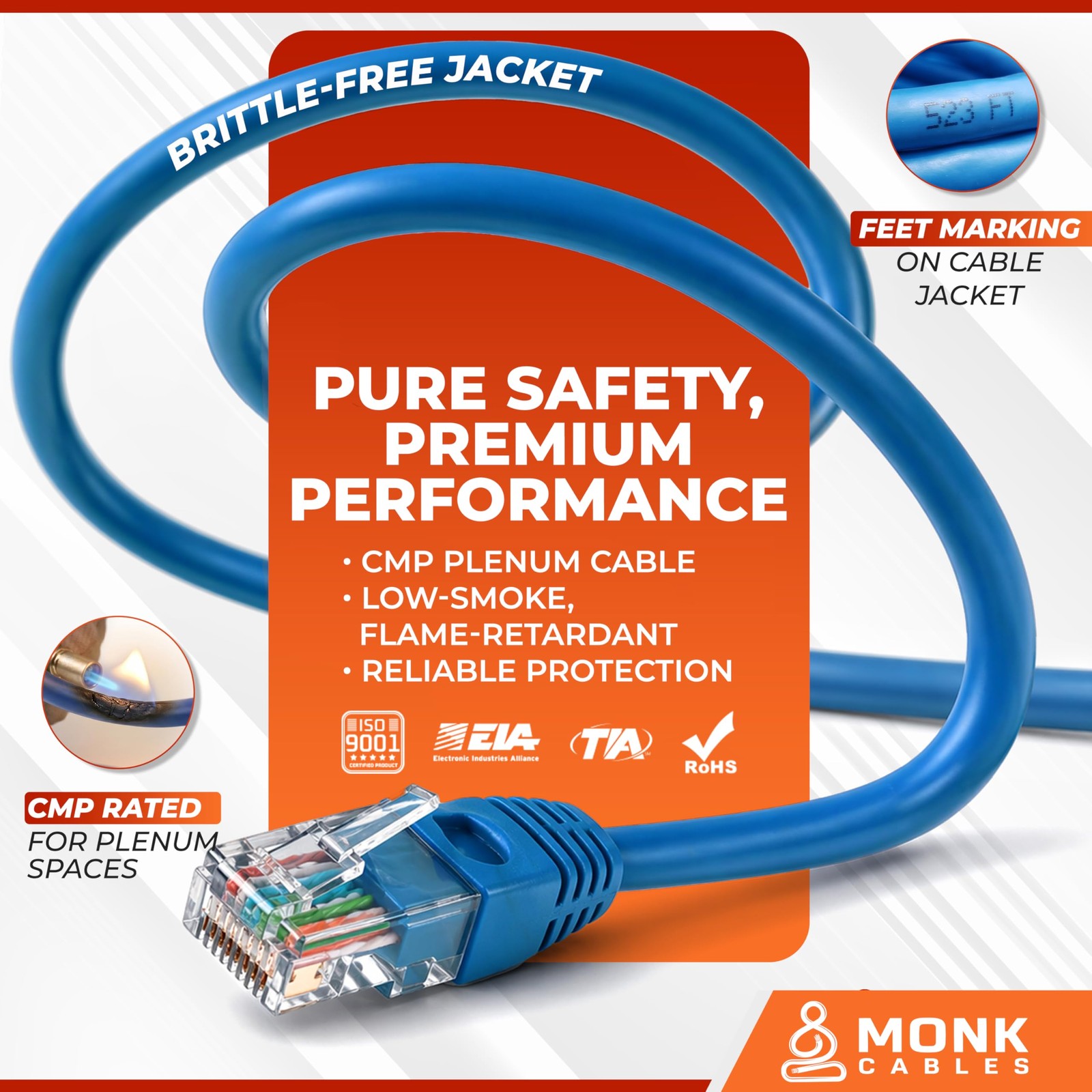 MONK CABLES | CAT 6 Ethernet Cable 1000ft | 100% Pure Bare Solid 1000ft, Blue