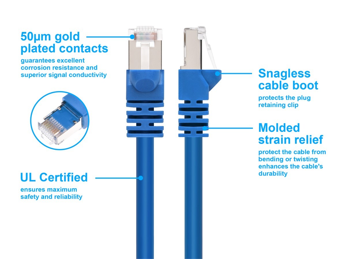 Cat6A Ethernet Patch Cable – Snagless RJ45, 550Mhz, STP, 10G, 26AWG, 1ft, Blue