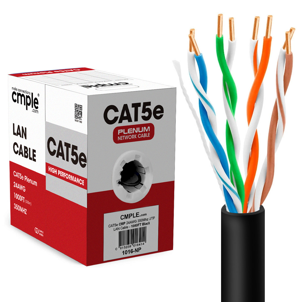 Cat5e Ethernet Cable 1000ft Plenum CMP Solid 24AWG UTP 350MHz Easy Pull Black