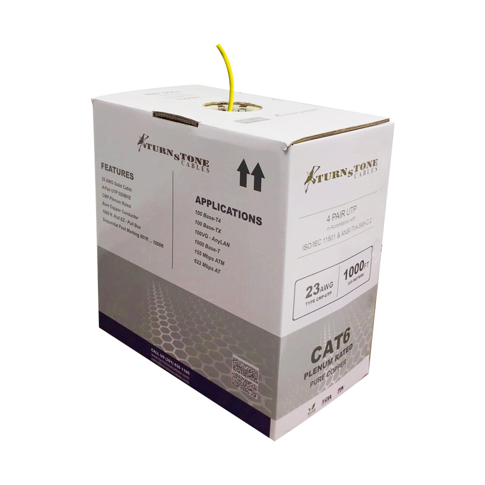 TSCables 550Mhz Cat6 Plenum 100% Solid Bare Copper UTP Ethernet Cable Yellow