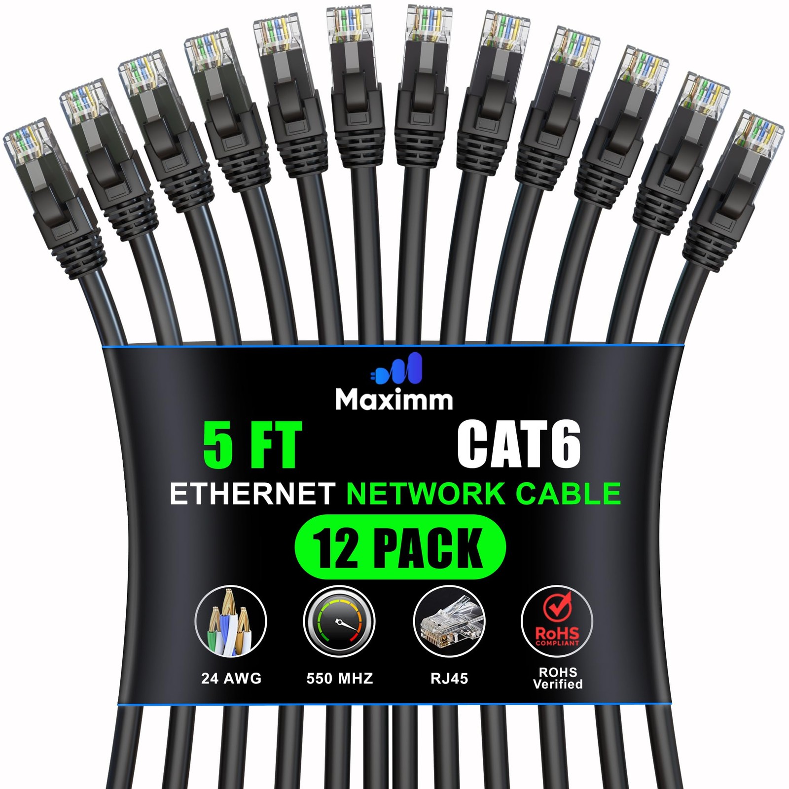 12 Pack Cat 6 Ethernet Cable, 5 Ft, UTP, LAN, Internet, Patch Cord, Black