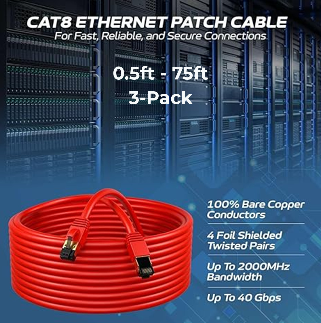 3-Pack CAT8 Ethernet Patch Cable Copper 26AWG SFTP RJ-45 0.5-75FT Red Lot