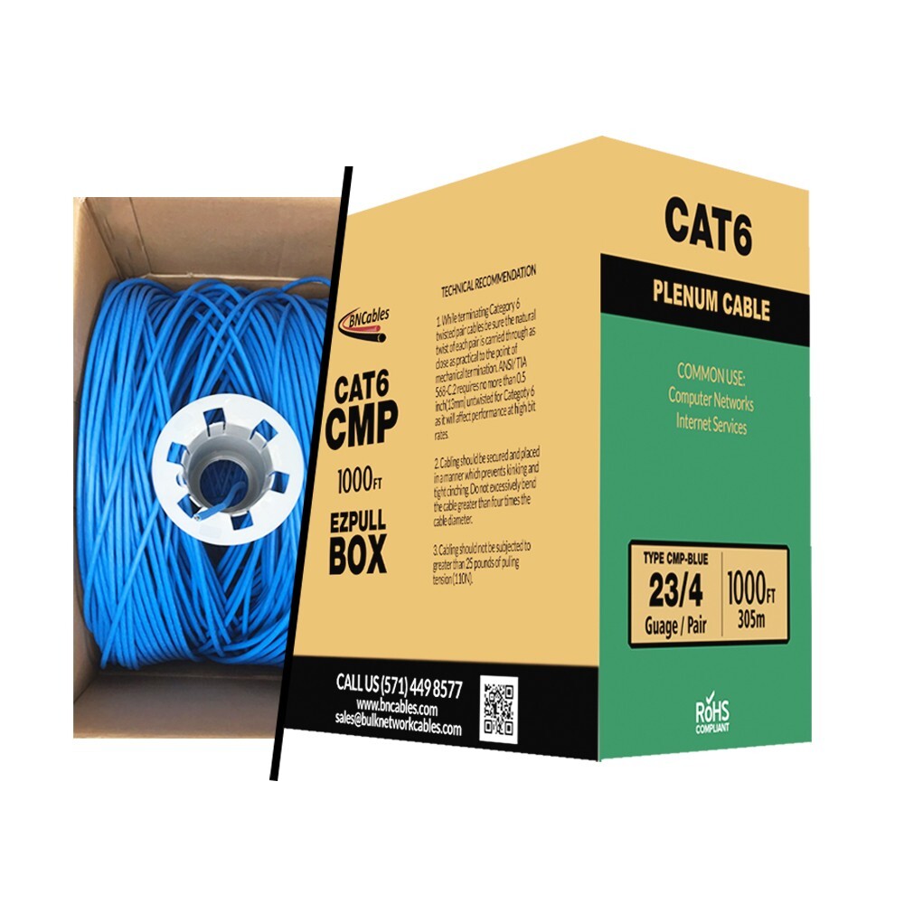 Cat6 Plenum (CMP) Cable 1000ft 23AWG, DTX-1800 Solid 550Mhz 10Gigabit UTP Blue
