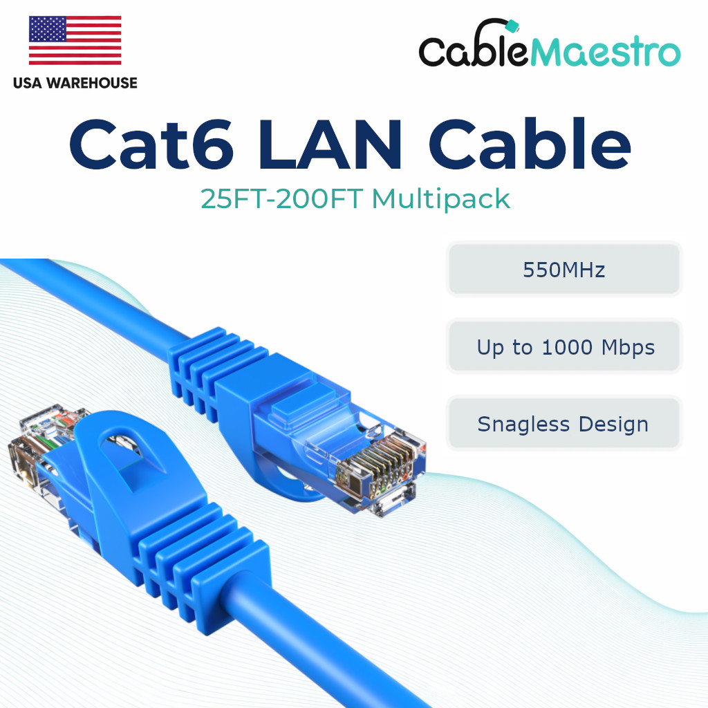 CAT6 Ethernet LAN Network RJ45 Patch Cable 25FT-200FT Multipack LOT, Blue