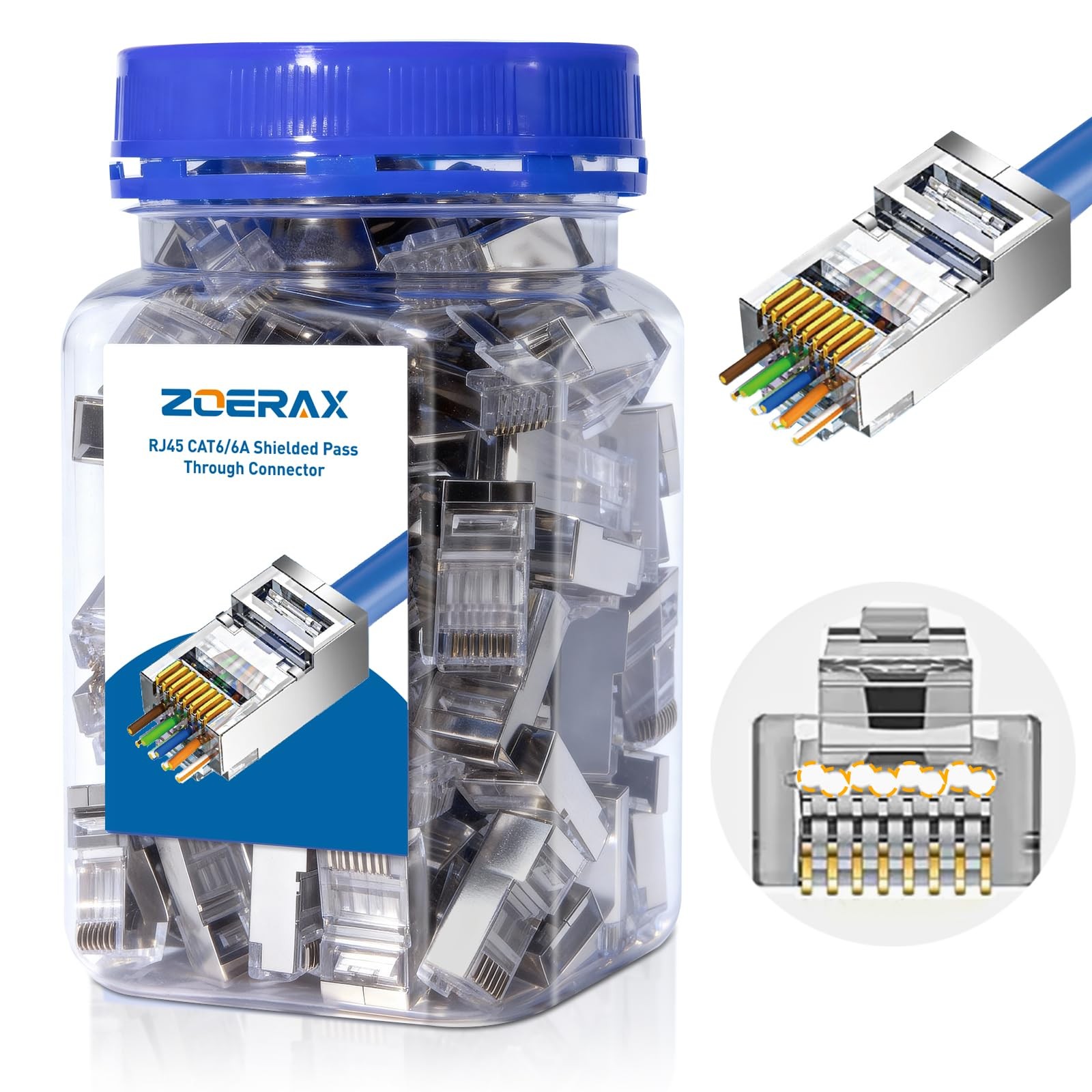 100 PCS Cat6A RJ45 Pass Through Connector 1.20mm Shielded FTP/STP Cable