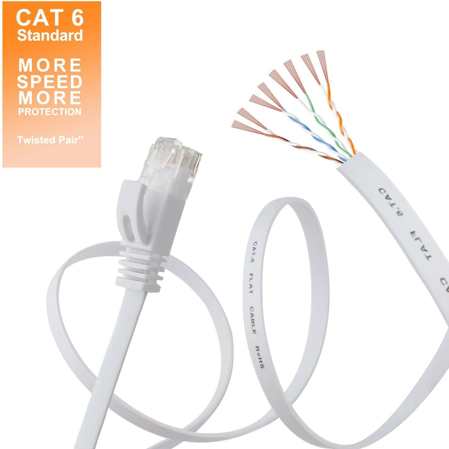 White 100 ft Flat Cat 6 Ethernet Cable with clips & Rj45 Connectors