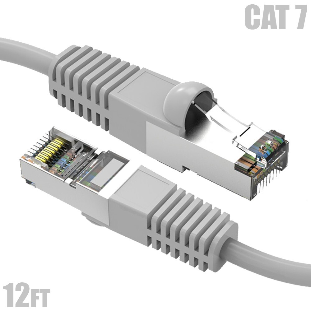 12FT Cat7 RJ45 Network LAN Ethernet SSTP Patch Cable Shielded Copper 600MHz Gray
