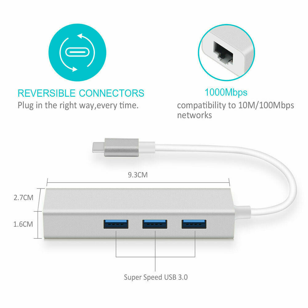 USB-C to RJ45 1000Mbps Gigabit Ethernet Network and OTG Adapter For Macbook Etc.