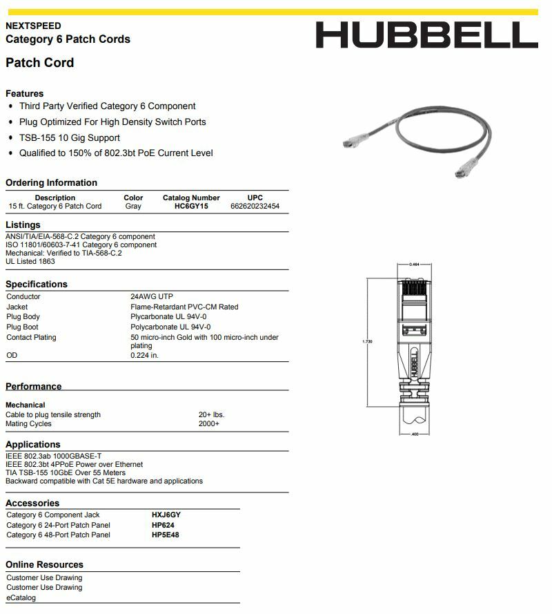(10) Hubbell HC6GY15 NEXTSPEED Universal Category 6 Patch Cord, 15′ Length, Gray