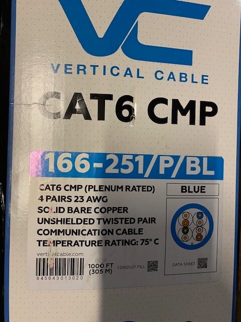 Vertical Cable CAT6, 550 MHz, UTP, 23AWG, 8C Solid Bare Copper, Plenum, 1000 Ft