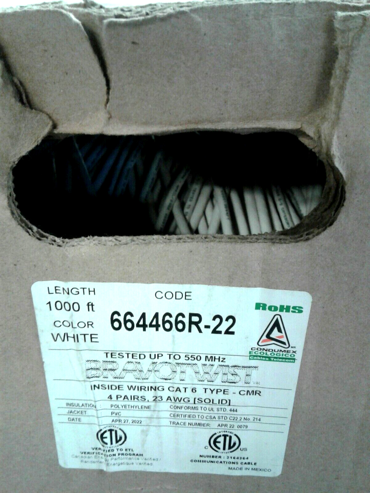 Condumex 664466R-22 1000′ White BravoTwist Pull Box CAT 6 4 Pairs 23 AWG Solid