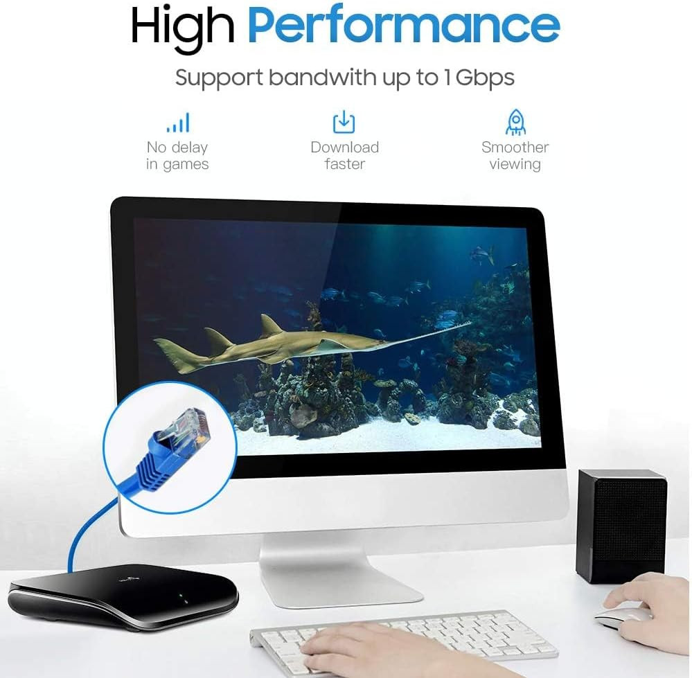 100 Ft Cat5E Ethernet Cable, 1Gbps Network LAN, Snagless RJ45, Blue