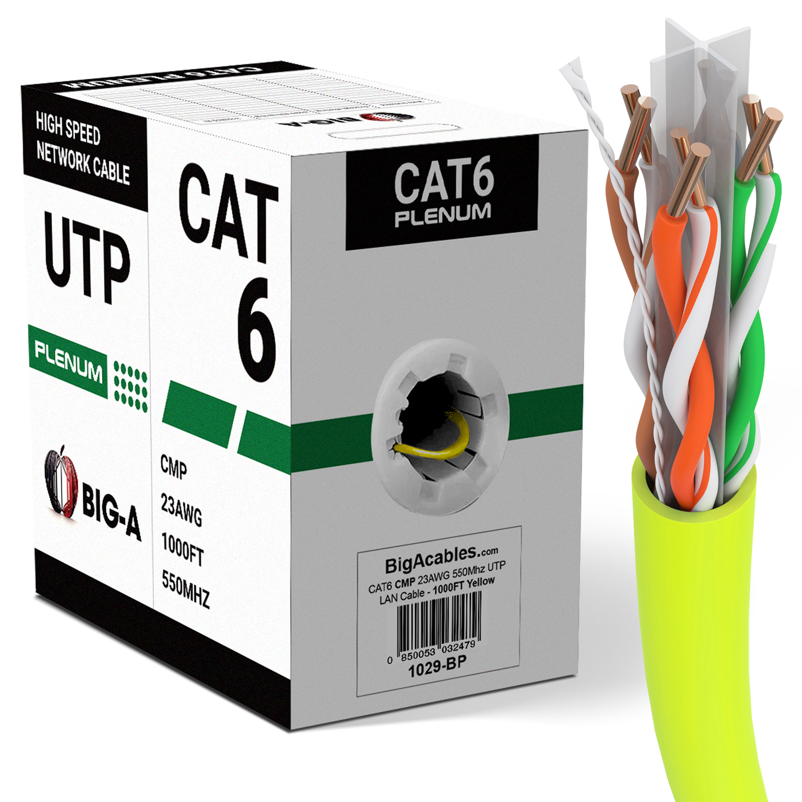 Cat6 Plenum Ethernet Cable 1000ft CMP 23AWG 550MHz Solid 10 Gigabit Network Wire