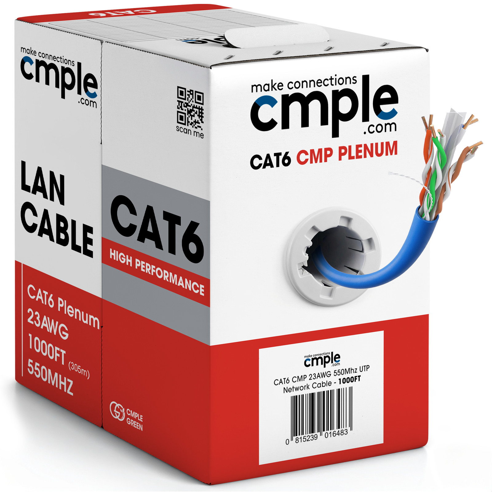 Cat6 Plenum Cable 1000ft CMP 23AWG Solid UTP 550MHz Bulk Ethernet Pull Box