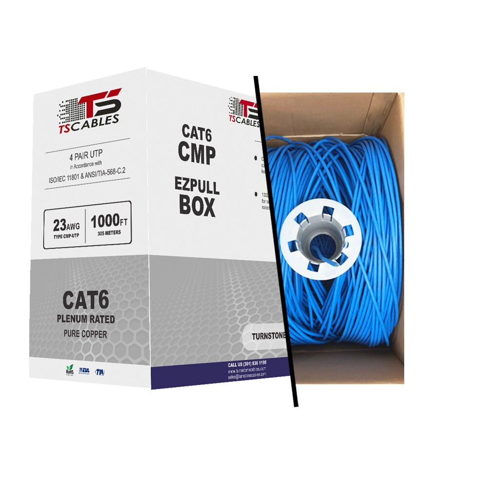 TSCables Cat6 Cable 1000ft Solid Bare Copper 550Mhz Plenum Rated Blue Not CCA
