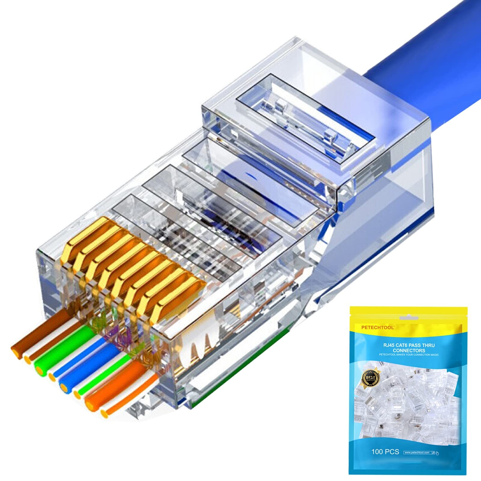 100 Pack RJ45 Cat6 Cat5 Connectors Gold Plated 8P8C Ethernet Pass Through Plug