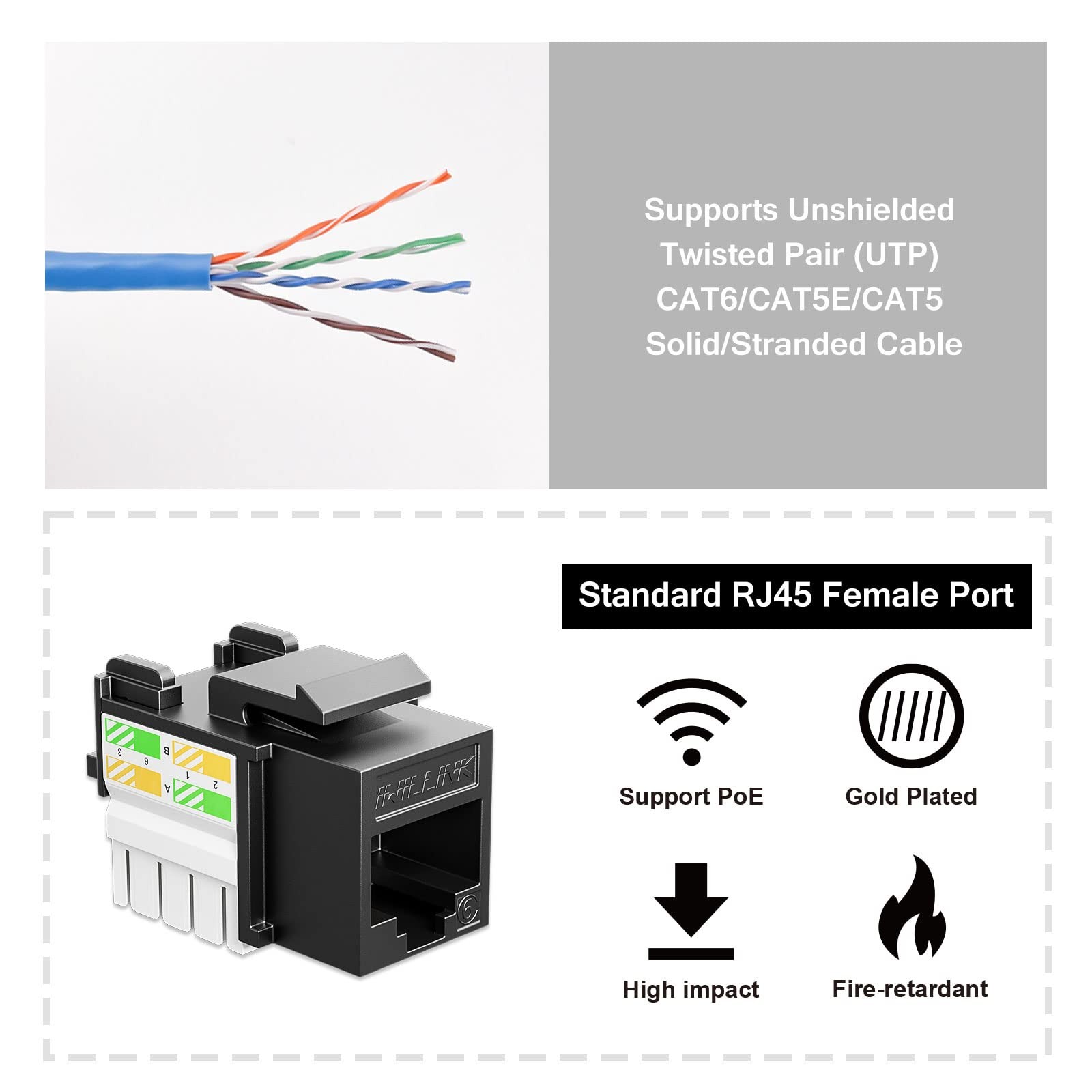 10 PCS 10Gbps Cat6 Ethernet Coupler 90Degree Keystone Jack Adapter Black