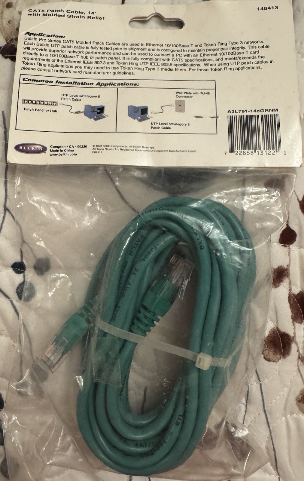 BELKIN 14’ CAT5 Pro Series Patch Cable w/Molded Strain Relief LAN Application