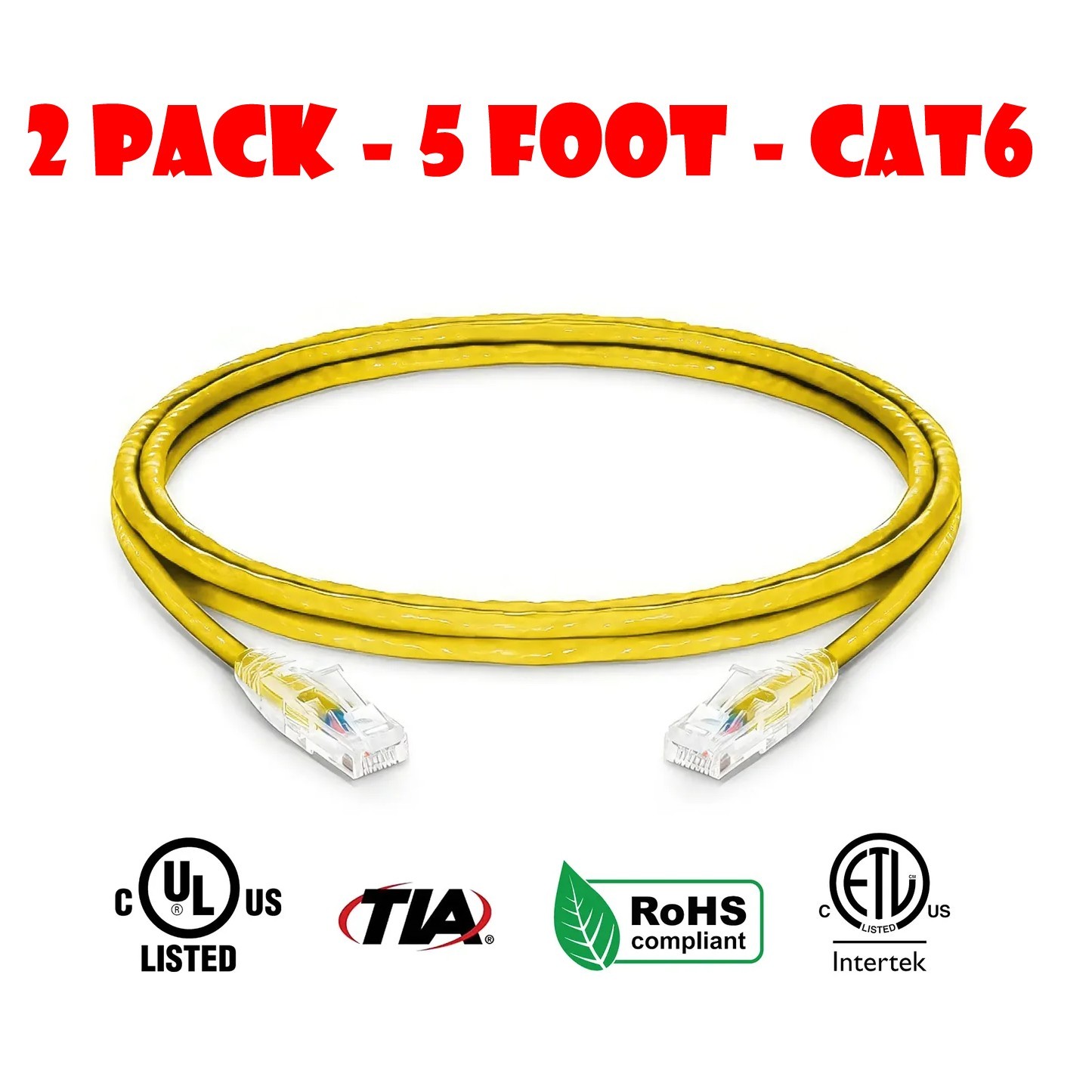 2 Pack 5 Foot Cat6 24AWG Snagless Unshielded Ethernet Network Patch Cable Yellow