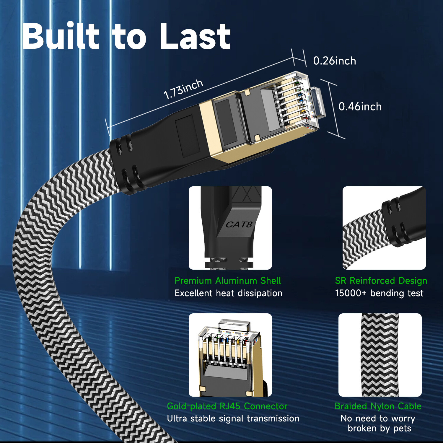 6FT-50FT flat Cat 8 Ethernet Cable Braided 40Gbps 2000Mhz CAT8 Network Cables