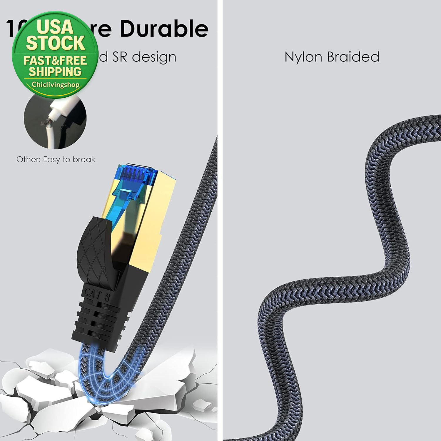 Cat 8 Ethernet Cable 6FT 40Gbps 2000Mhz Heavy Duty Nylon Braided for Xbox PS5