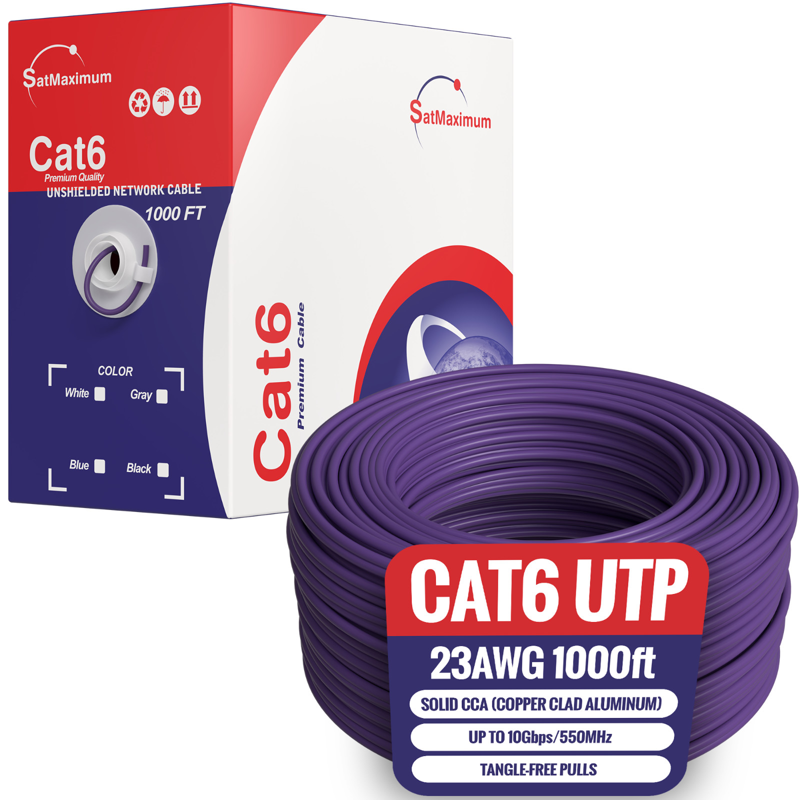 CAT6 1000FT Cable CCA UTP Unshielded Solid 23AWG Ethernet Network RJ45 Purple
