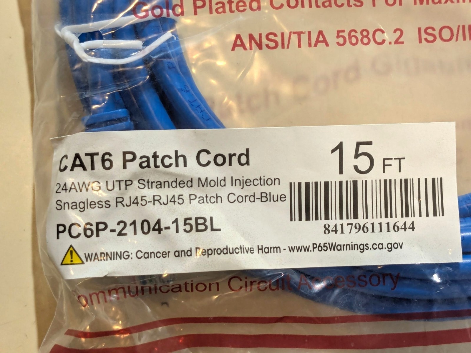 Commercial Grade CAT6 Ethernet Patch Cord 15 Ft Blue – Snagless RJ45