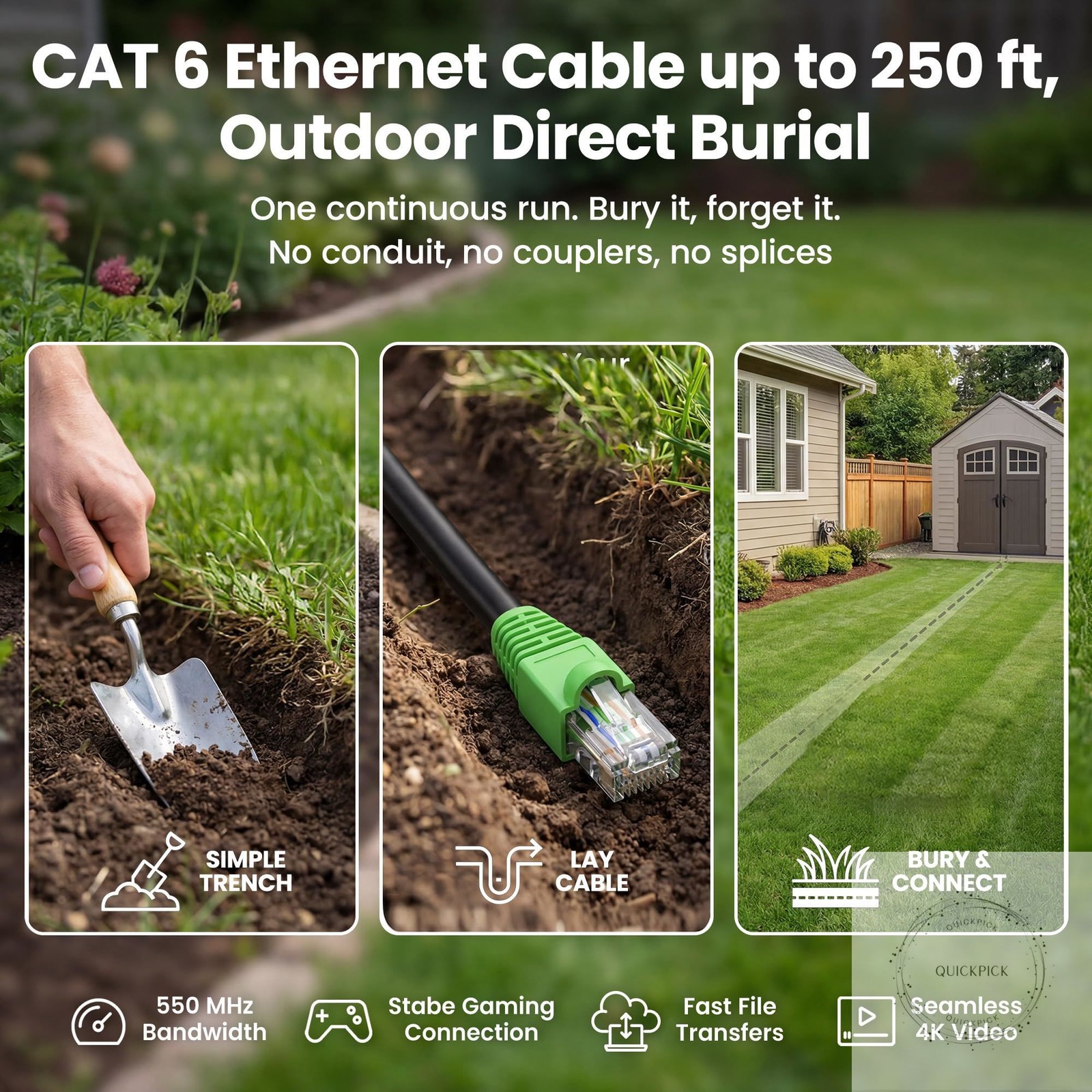 Cat6 Ethernet Cable 200ft, Outdoor Direct Burial Cat 6 Cable 24AWG High Speed Up