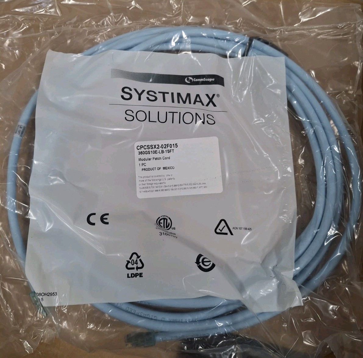 (QTY 10) 15ft Commscope CAT 6A Patch Cable 360GS10E-LB-15FT CPCSSX2-02F015