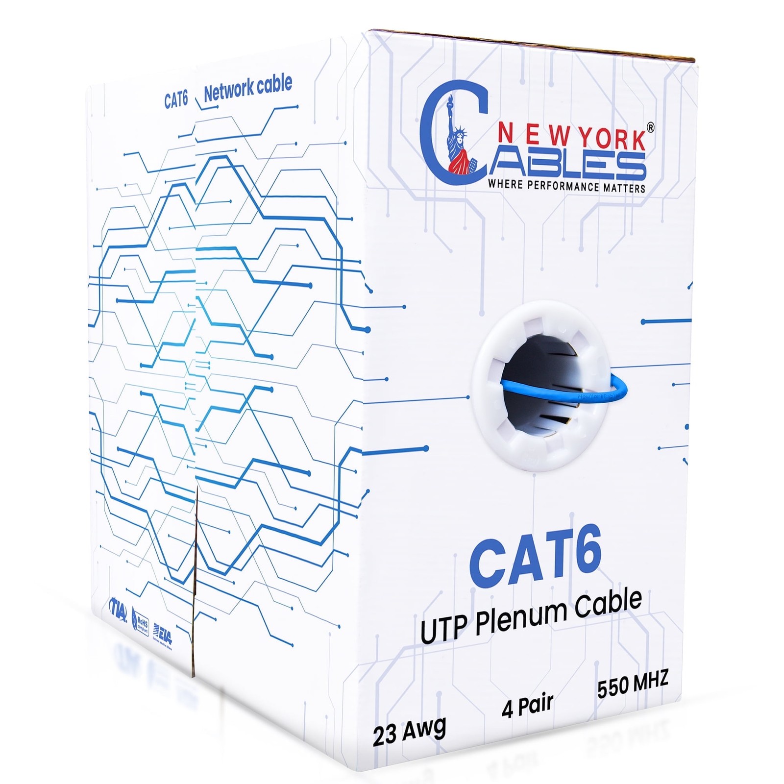 Cat6 Plenum 1000ft Ethernet Cable Blue, CMP Rated, 23AWG, UTP, 550MHz, 10Gbps
