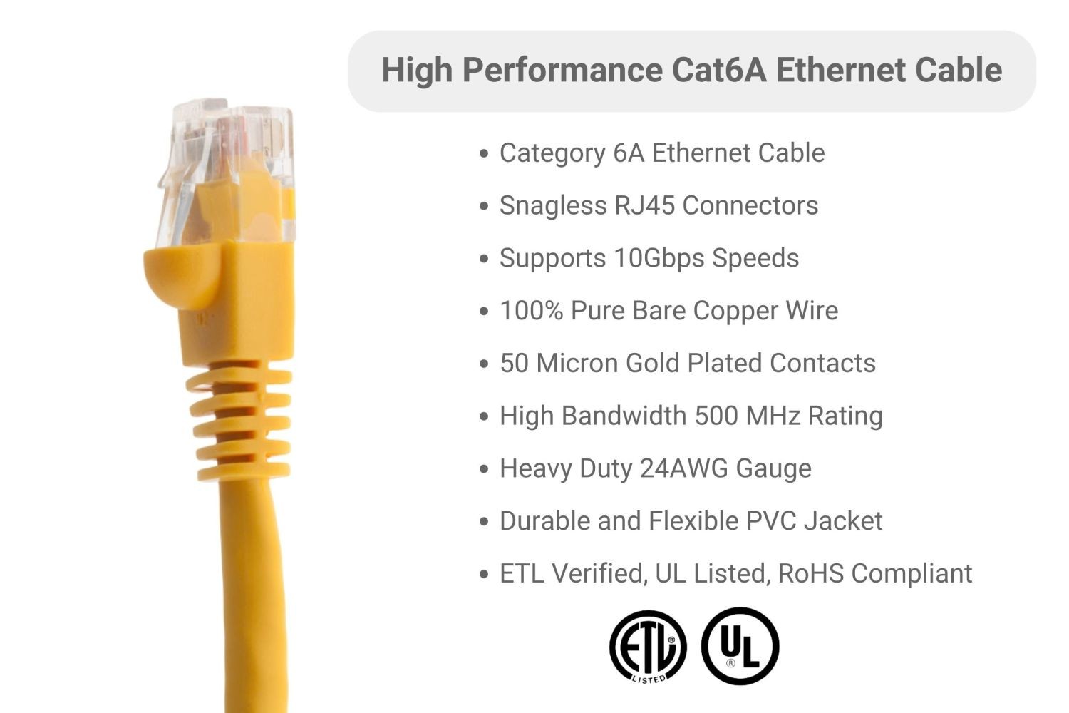 CAT6A Ethernet Patch Cable, Snagless, 2′, Yellow- Lifetime Warranty