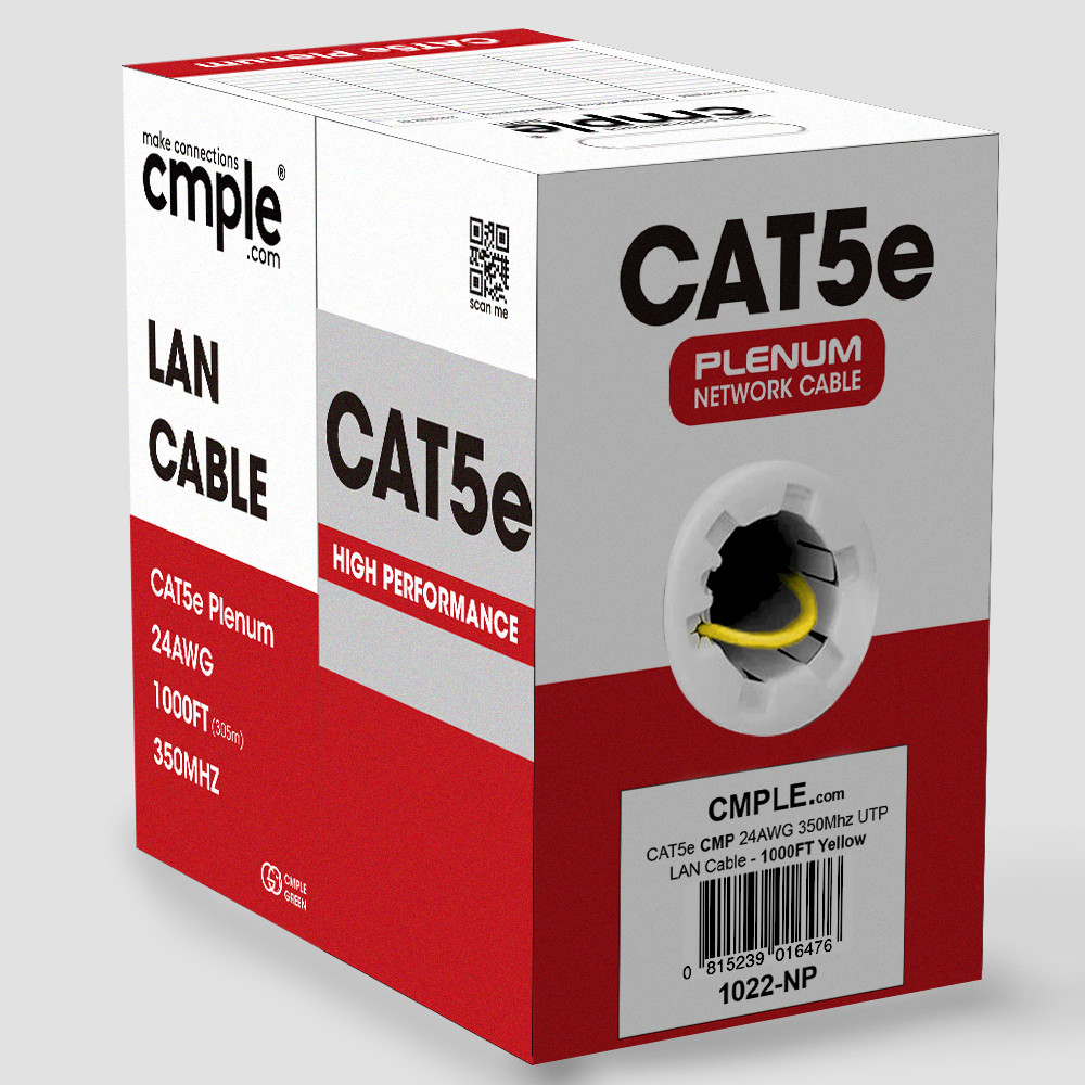CMP Cat5e Ethernet Cable 1000ft Plenum Solid 24AWG UTP In-Wall LAN Yellow