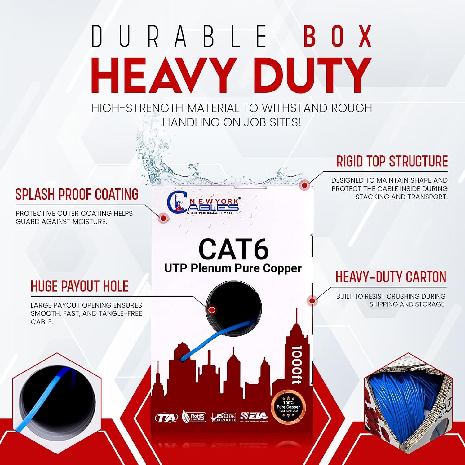 CAT6 Plenum (CMP) 1000ft Bare Copper 550MHz 23AWG UTP Bulk Ethernet Cable Blue