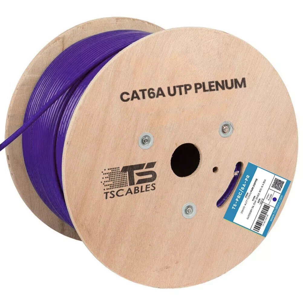 TS Cables Cat6a Plenum Solid Bare Copper 750 Mhz 23 Awg UTP 1000ft Cable purple
