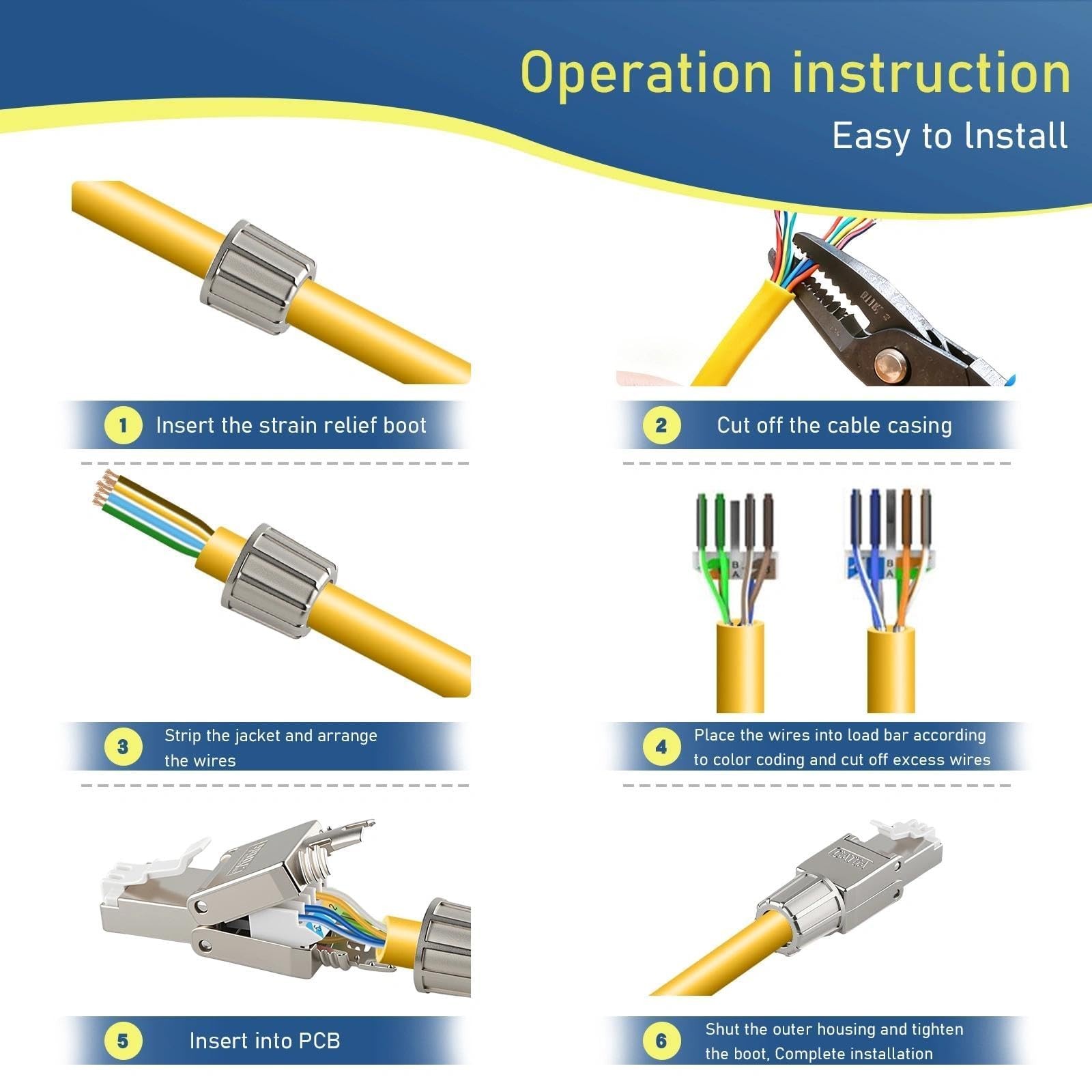6 PCS Cat6A RJ45 Tool Free Connectors Shielded Plug For 22-24 AWG Cable