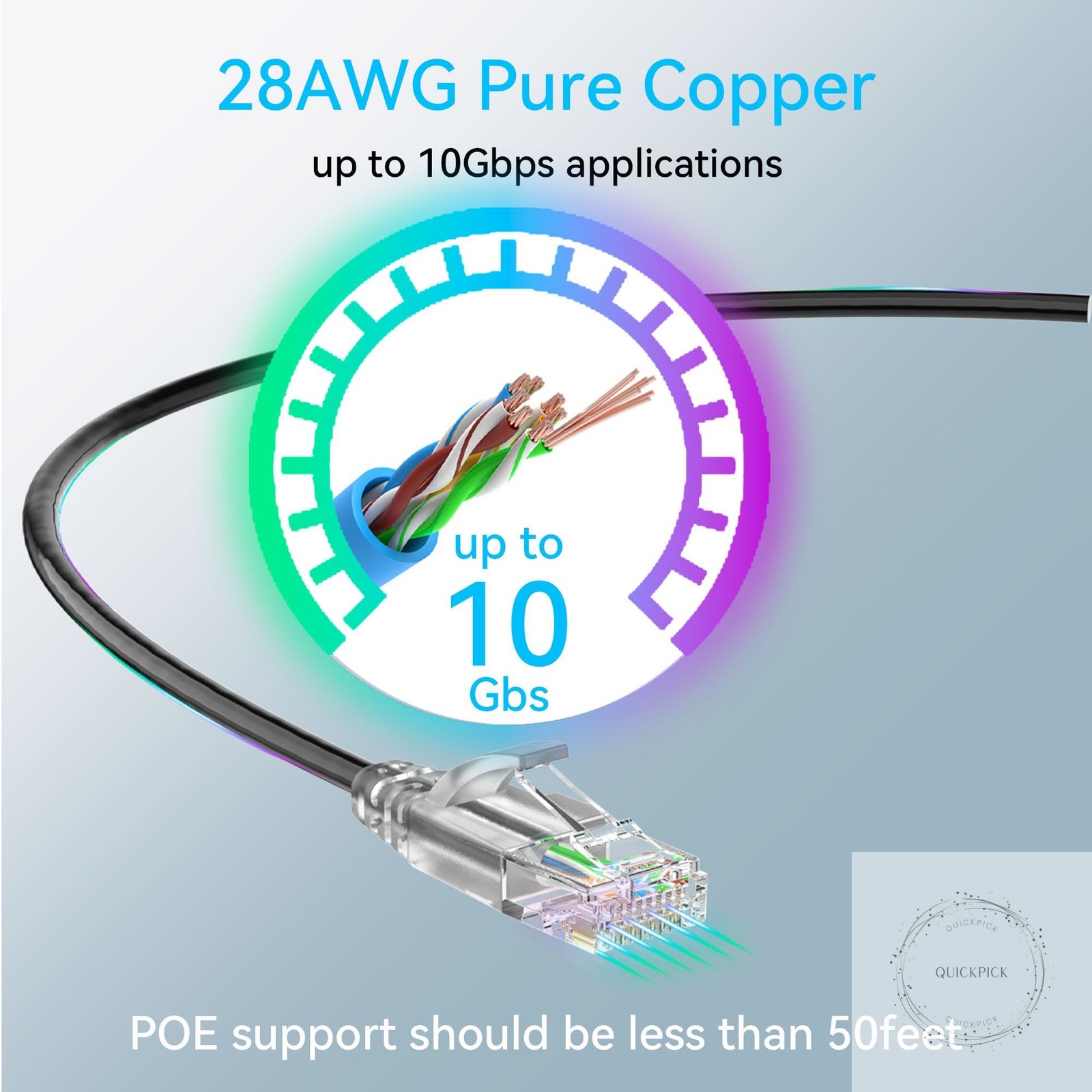 Cat6a Ethernet Cable Slim 100ft Outdoor&Indoor, 28AWG Pure Copper Cat6 Internet