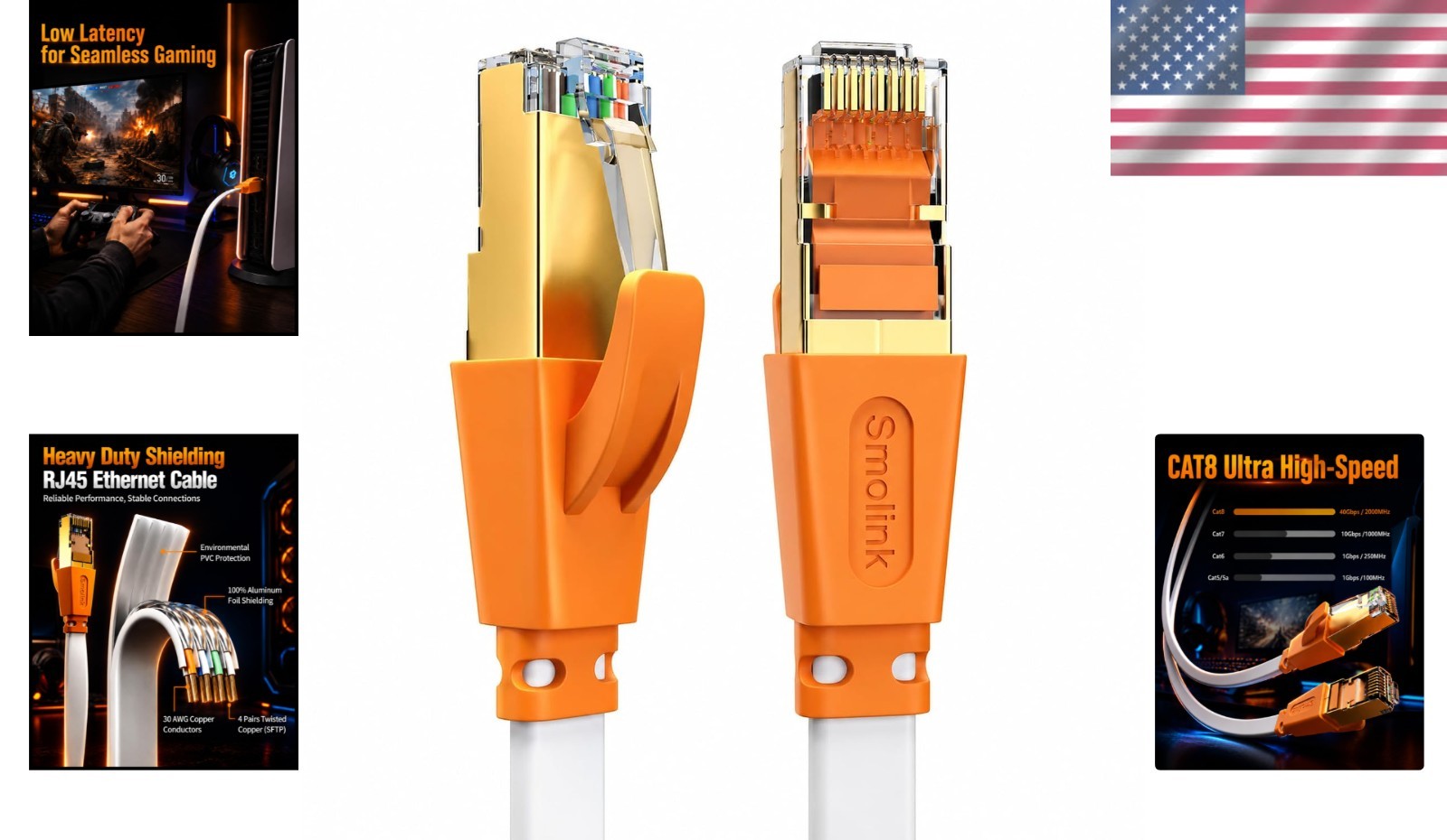 Flat Ethernet Cable 50ft – 40Gbps LAN Cord for Gaming, Modem