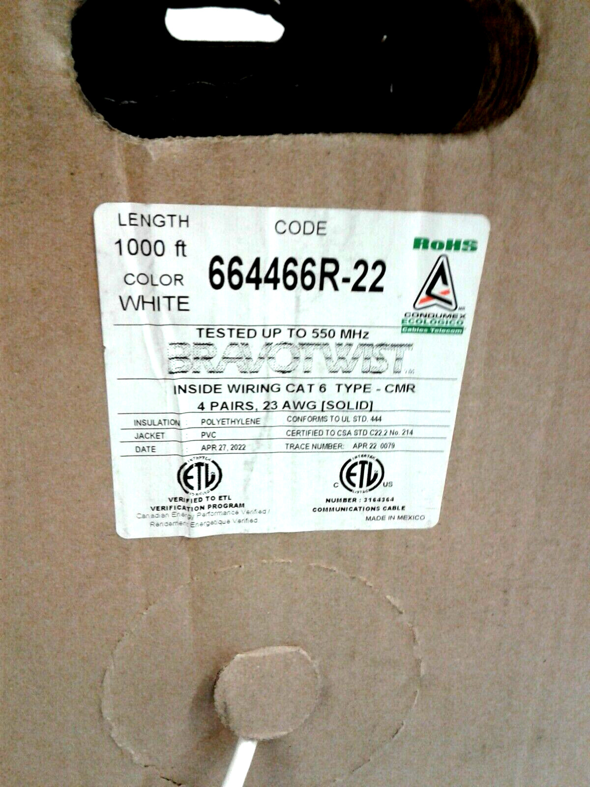 Condumex 664466R-22 1000′ White BravoTwist Pull Box CAT 6 4 Pairs 23 AWG Solid