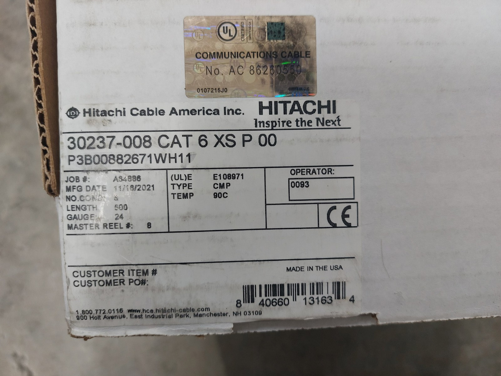 Hitachi Cable 30237-008 CAT6 XS P 00 CMP Plenum White – 500 FEET
