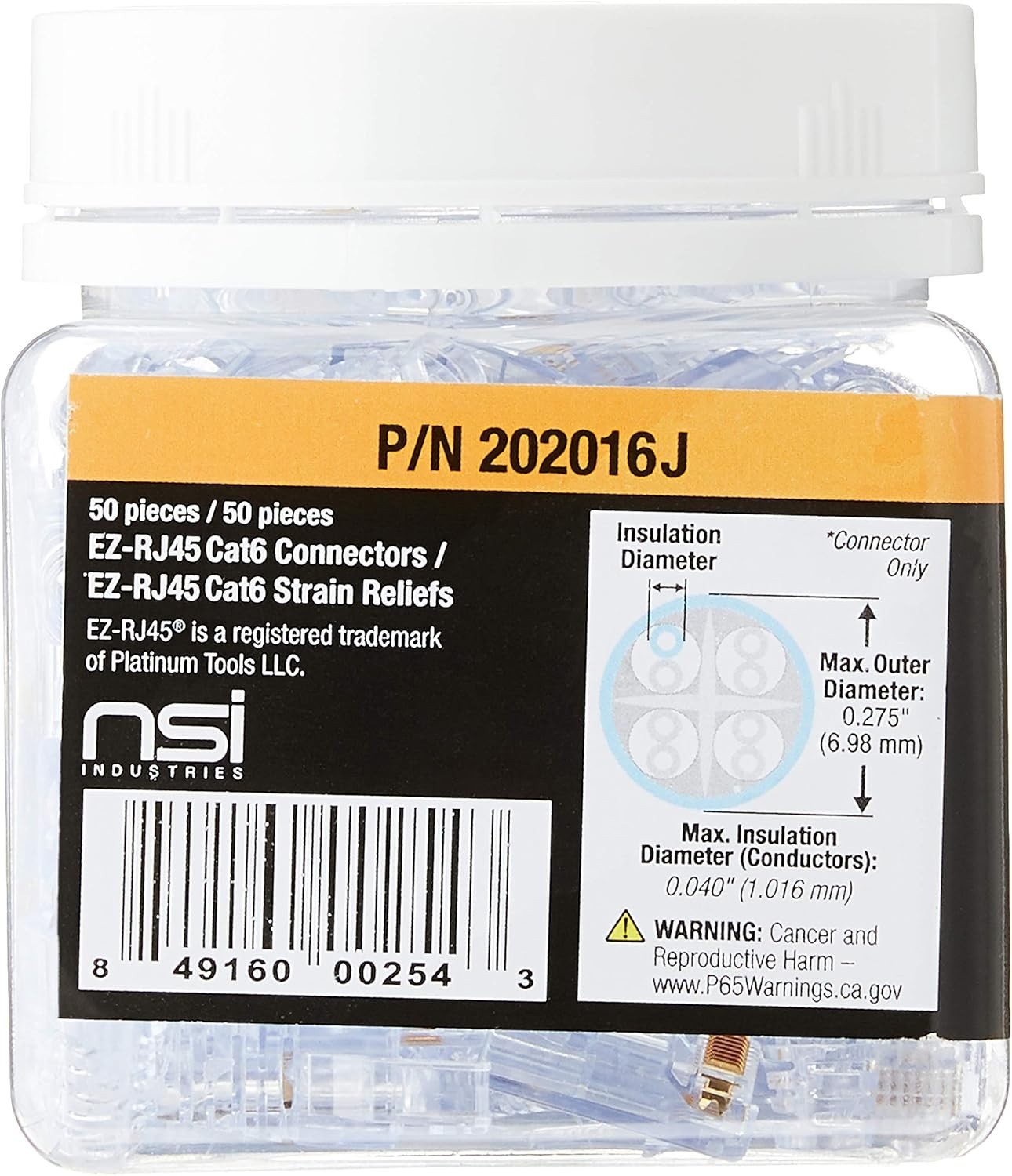 Platinum 202016J EZ-RJ45 Cat 6 Connector and Strain Relief Combo Kit, 50-Pieces