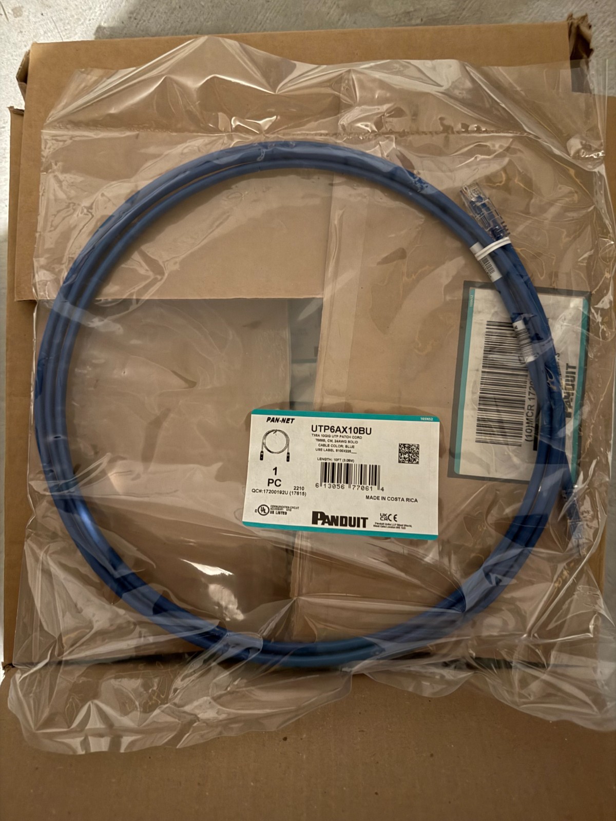 NEW Genuine 10 ft Panduit UTP6AX10BU 24 AWG Copper Cat 6A UTP Patch Cord Blu