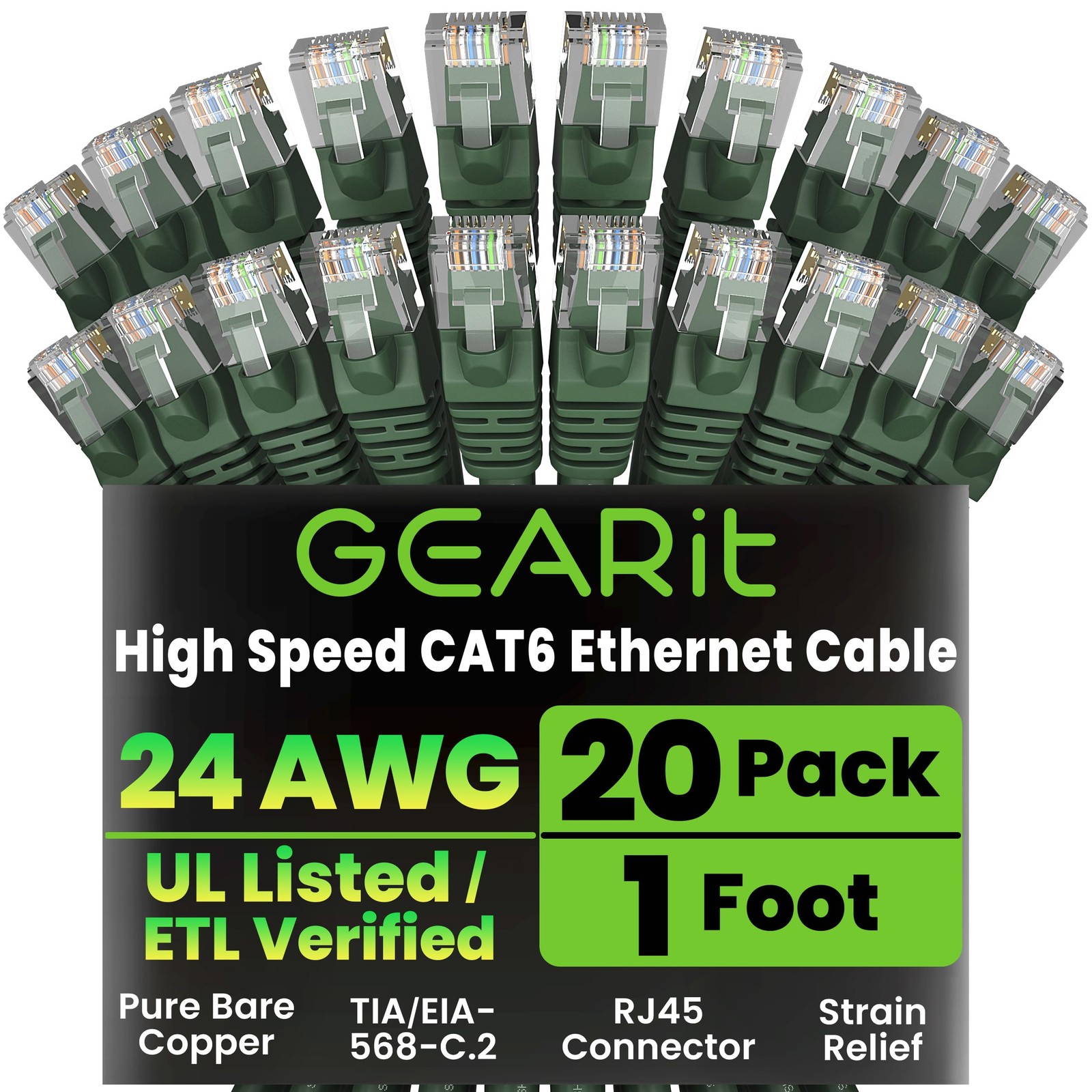 20 PCS Cat 6 Ethernet Cable 1 Foot Network Patch 10Gbps RJ45 Snagless Green